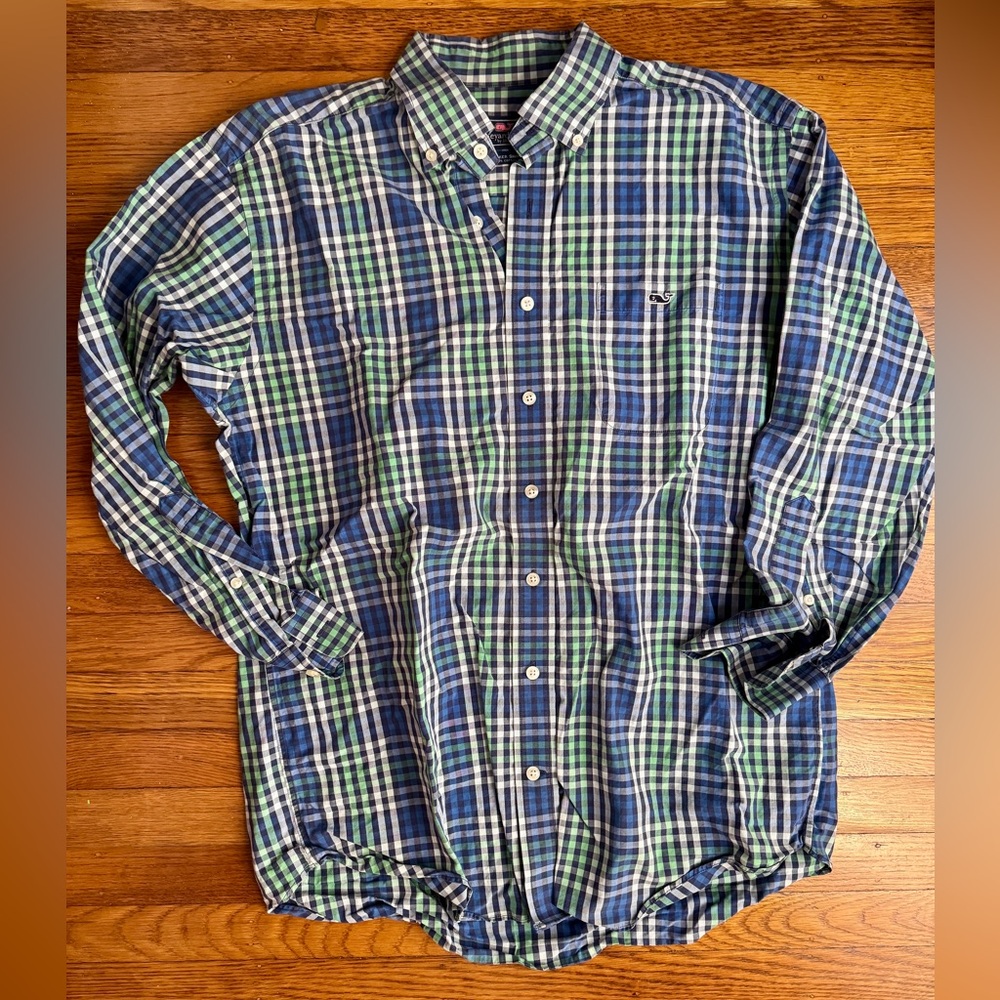 Vineyard Vines Men's Blue and Green Plaid Tucker Shirt 100% Cotton Size Large